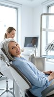 Happy senior woman patient smiling during dental checkup with female dentist in modern clinic office for oral health care and medical treatment.