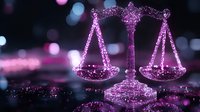 Glowing purple scales of justice with magical sparkle effect on dark background with bokeh lights, symbolizing law, balance and fairness in legal system.