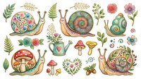Decorative snails with ornamental shells featuring floral patterns, botanical elements, mushrooms and leaves. Isolated clipart set suitable for t-shirt designs, stickers and craft projects.