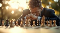 Pensive Caucasian businessman in dark suit contemplating chess strategy during sunset game, dramatic lighting creates atmospheric mood for business concept.