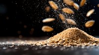 Falling oats grains and flour pile on dark background with dramatic lighting and motion effect, macro food photography for healthy eating concept.