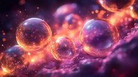 Glowing molecular spheres with luminous particles in cosmic purple and orange space environment for scientific and medical research concepts.