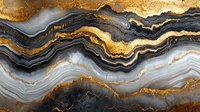 Luxurious black and gold marble texture with wavy layers and natural stone pattern. Abstract fluid art background with metallic golden veins and gray swirls.