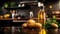 Fresh raw potatoes and olive oil bottle on dark rustic kitchen counter with herbs and magical light effects, food preparation background.