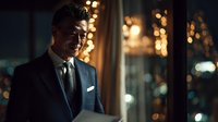 Sophisticated businessman in elegant suit standing by window with city lights bokeh background creating luxurious corporate atmosphere for professional content.