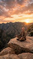 Middle-aged Caucasian man meditating on mountain cliff at golden hour sunrise with dramatic orange sky and flying birds creating peaceful spiritual moment.