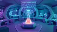 Futuristic laboratory interior with glowing molecular synthesis equipment and holographic displays for scientific research and biotechnology applications.