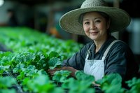 Mature Asian woman farmer in straw hat and apron tending to fresh green vegetable plants in greenhouse, showcasing sustainable agriculture.