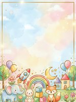 Whimsical nursery scene with pastel watercolor sky, rainbow, rocket, balloons, cute animals including elephant and fox, gift boxes, crescent moon, stars, trees, flowers, and fairytale castle for children's designs.