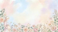 Young woman with light skin tone wearing flowing pink garment surrounded by blooming roses, botanical elements, and celestial symbols in soft watercolor style, suitable for wedding invitations and feminine designs.
