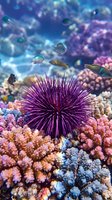 Purple sea urchin on vibrant coral reef with tropical fish swimming in crystal clear blue water showcasing marine biodiversity and underwater ecosystem.