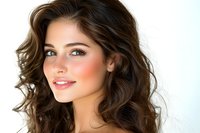 Young Hispanic woman with wavy brown hair and natural makeup smiling confidently against white background, showcasing fresh glowing skin and professional beauty look.
