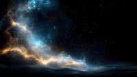Cosmic nebula with glowing blue and golden clouds against dark starry space background, creating ethereal celestial formation in deep universe.
