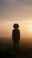 Silhouette of young African American woman with curly hair standing in misty field during golden hour sunrise, contemplating peaceful morning landscape.