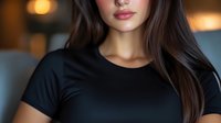 Young Asian woman with long dark hair wearing black t-shirt in soft evening lighting, cropped portrait showing confident smile and professional appearance.