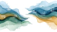 Abstract watercolor landscape with financial icons and dollar symbols representing business growth and investment opportunities.
