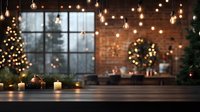 Wooden table with blurred festive Christmas background featuring bokeh lights, window, brick wall and decorations. Perfect for product display montage.