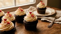 Chocolate cupcakes with vanilla buttercream frosting and red heart sprinkles on rustic wooden table for Valentine's Day celebration and romantic desserts.