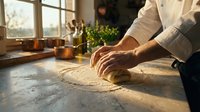 Professional chef kneading fresh pasta dough on floured wooden counter in sunlit kitchen. Culinary arts, homemade cooking and food preparation concept.