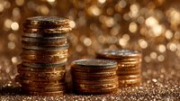 Stack of golden coins with warm bokeh lights background for financial success and wealth investment concepts.