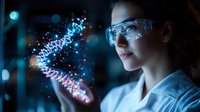 Young female scientist in protective glasses examining glowing DNA helix hologram in dark laboratory, futuristic genetic research concept for healthcare.
