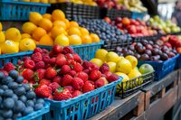 Fresh organic berries and fruits in blue plastic containers at farmers market. Vibrant display of strawberries, blueberries, oranges and lemons perfect for healthy eating concept.