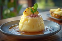 Creamy vanilla pudding dessert garnished with fresh mint leaves and orange slice on blue ceramic plate, served with caramel sauce and cocoa powder dusting.