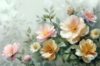 Delicate peach and cream wild roses with soft green foliage against misty background, creating romantic floral composition for wall art and textile design.