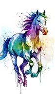 Vibrant watercolor horse in motion with rainbow gradient colors and paint splashes on white background for creative design projects.