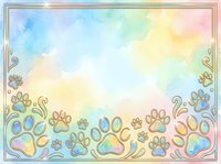 Watercolor pastel paw prints border frame with soft gradient sky background, isolated on white. Perfect for pet-related designs, greeting cards, and animal-themed projects.