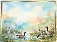 Watercolor geese family swimming in peaceful pond with reeds and grass border frame for nature artwork and wildlife designs.