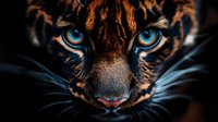 Close up portrait of young leopard cub face with intense bright blue eyes and detailed whiskers against dark background, dramatic wildlife photography style.