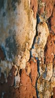 Weathered peeling paint layers on old wall surface showing rust orange blue and cream colors with cracked texture for vintage grunge backgrounds.