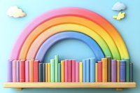 Colorful books arranged on wooden shelf forming rainbow shape with pastel rainbow arch above and paper clouds, creating magical reading atmosphere.