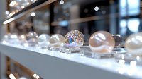 Luxury pearl jewelry display with iridescent spheres on white surface, soft bokeh lighting creates elegant atmosphere in jewelry store setting.