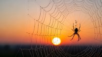 Spider silhouette on intricate web with morning dew drops against golden sunrise backdrop. Nature photography concept for outdoor and wildlife themes.