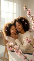 African American mother and daughter with curly hair adorned with pink flowers, embracing in bright sunlit room with blooming branches, wearing cream sweaters, expressing love and bonding moments.