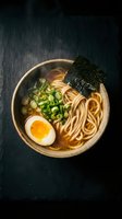 Steaming bowl of ramen with soft-boiled egg, noodles, green onions, and nori on dark slate background for food blogs.