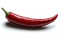 Fresh red chili pepper with water drops on white background, isolated food ingredient for cooking and seasoning, ready for design use.