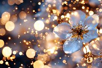 Delicate spring blossom with golden bokeh lights creating magical atmosphere, soft focus macro photography with dreamy glowing background effect.