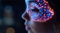 Young Asian woman profile with glowing sparkles and bokeh lights creating magical face art makeup effect against dark background. Suitable for beauty concepts.