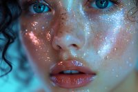 Close-up beauty portrait of young woman with glowing freckles and sparkles on face in ethereal blue lighting, perfect for cosmetic advertising and fantasy art projects.