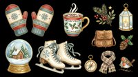 Cozy winter clipart set with mittens, hot cocoa mug, snow globe, ice skates, lantern, scarf, and robin bird, isolated on transparent background, ready for stickers and t-shirt design.