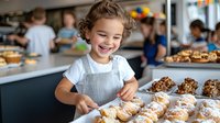 Young mixed race child in gray apron laughing while helping in bakery kitchen with fresh pastries and desserts on display counter, expressing joy and happiness.