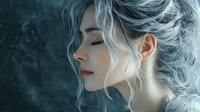 Profile view of young woman with silver-blue hair against dark background, eyes closed in serene expression, soft lighting highlighting facial features.