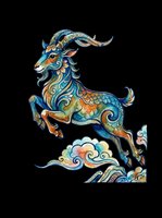 Ornate watercolor Capricorn goat leaping over decorative clouds, isolated on transparent background, ready for stickers, sublimation, and t-shirt design.