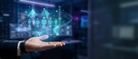 Businessman holding glowing holographic smart home technology with connected buildings and digital network interface for real estate and IoT solutions.