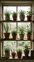Rustic kitchen window herb garden with potted plants on wooden shelves. Fresh herbs including rosemary, lavender and flowering plants in terracotta pots for cooking.