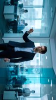 Professional businessman in dark suit interacting with futuristic holographic interface displaying data analytics in modern office environment.
