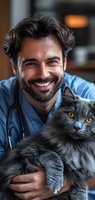 Middle Eastern male veterinarian in blue scrubs holding grey long-haired cat with yellow eyes, showing warm genuine smile during examination at veterinary clinic.